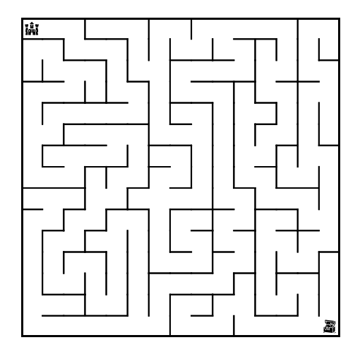 Black and white algorithmic maze with entry and exit markers